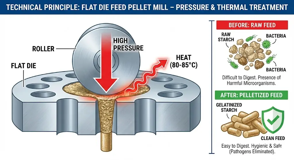 Diagram of feed pellet starch gelatinization process and pathogen kill-step at 85 degrees Celsius