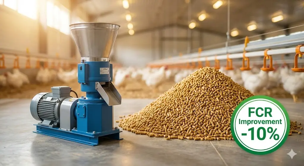 Electric poultry feed pellet mill for chicken and duck farms, showing high-quality pellets